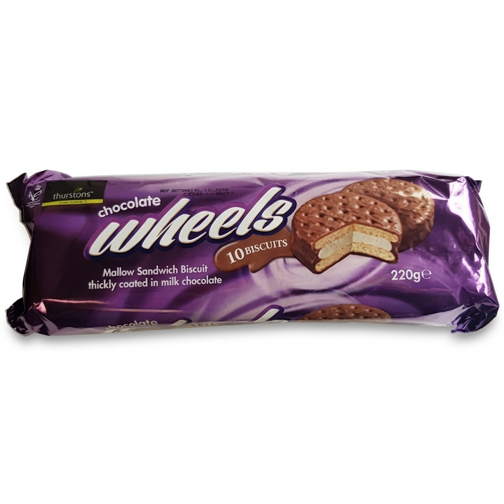 THURSTONS CHOCOLATE WHEELS BISCUIT 220GX12 FS1